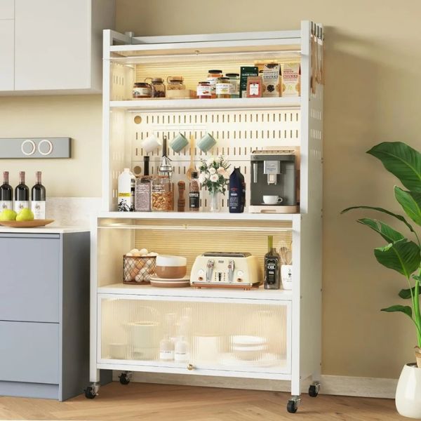 Soporte de 5 Capas con Armario y Puerta Abatible – Ideal para Almacenamiento en Garaje y Cocina Casera