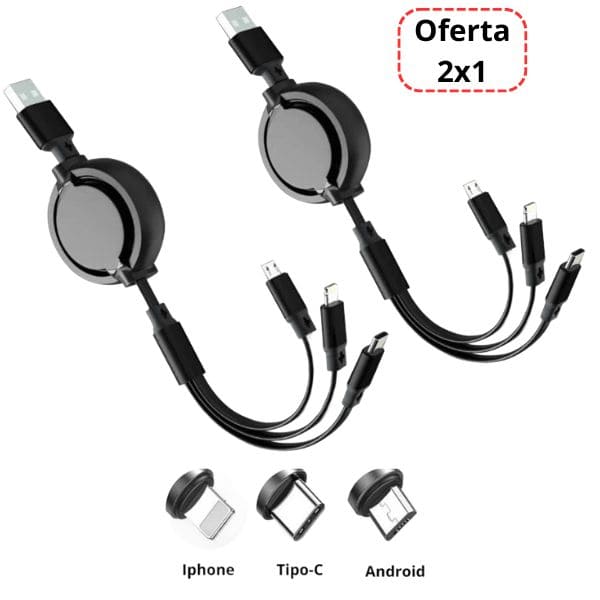 2 Cargadores USB Retráctil 3 en 1 PowerSync, Cable de Carga Rápida y Datos